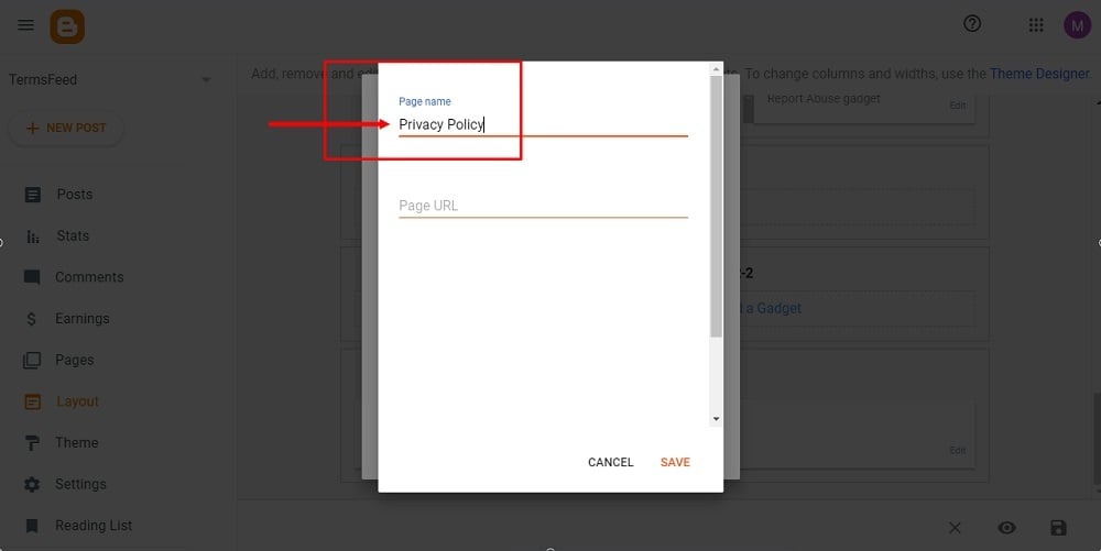 TermsFeed Blogger: Layout - footer - Add a Gadget - Pages - Configure - New Item - Privacy Policy highlighted