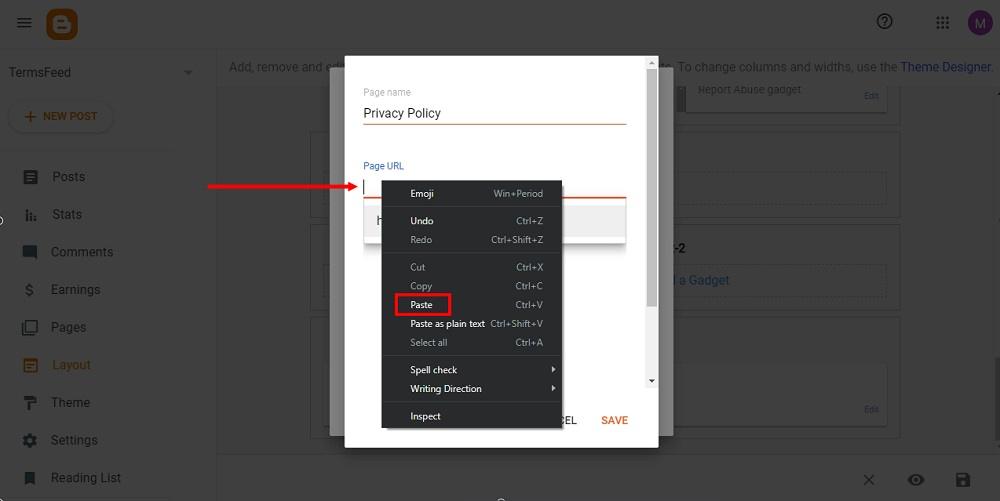 TermsFeed Blogger: Layout - footer - Add a Gadget - Pages - Configure - New Item - Privacy Policy URL - Paste highlighted