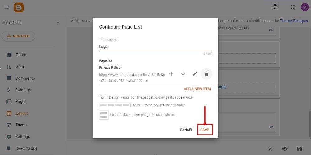 TermsFeed Blogger: Layout - footer - Add a Gadget - Pages - Configure - Save highlighted