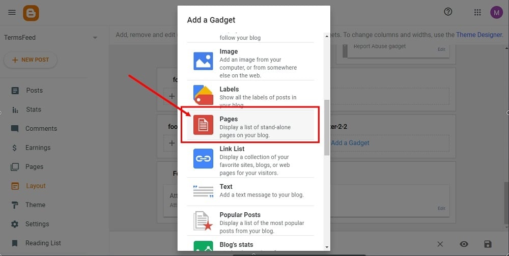 TermsFeed Blogger: Layout - footer - Add a Gadget - Pages highlighted