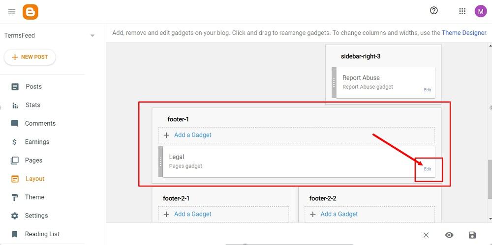 TermsFeed Blogger: Layout - footer - Edit Legal Pages Gadget highlighted