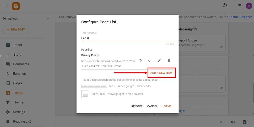 TermsFeed Blogger: Layout - footer - Pages - Legal - Add a New Item highlighted