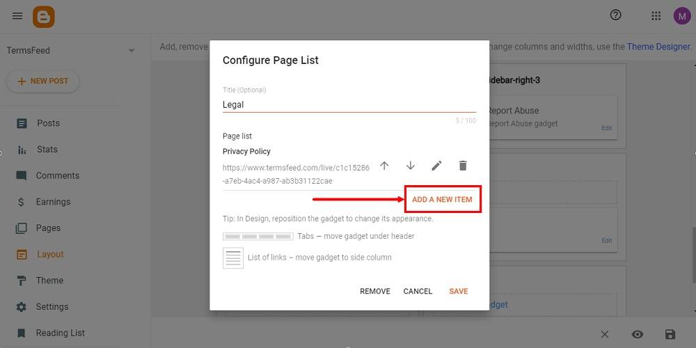 TermsFeed Blogger: Layout - footer - Pages - Legal - Add a New Item highlighted