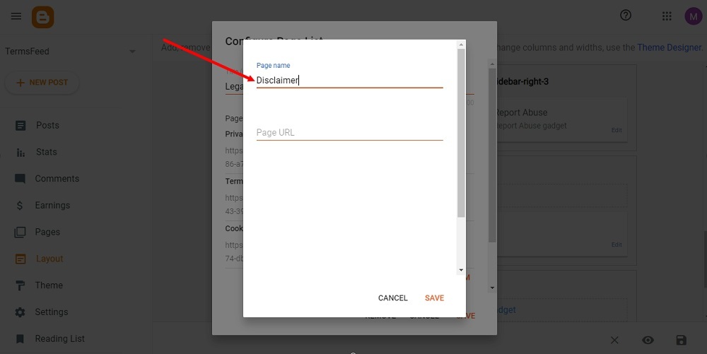 TermsFeed Blogger: Layout - footer - Legal - Pages Gadge - Edit New Item - Disclaimer highlighted