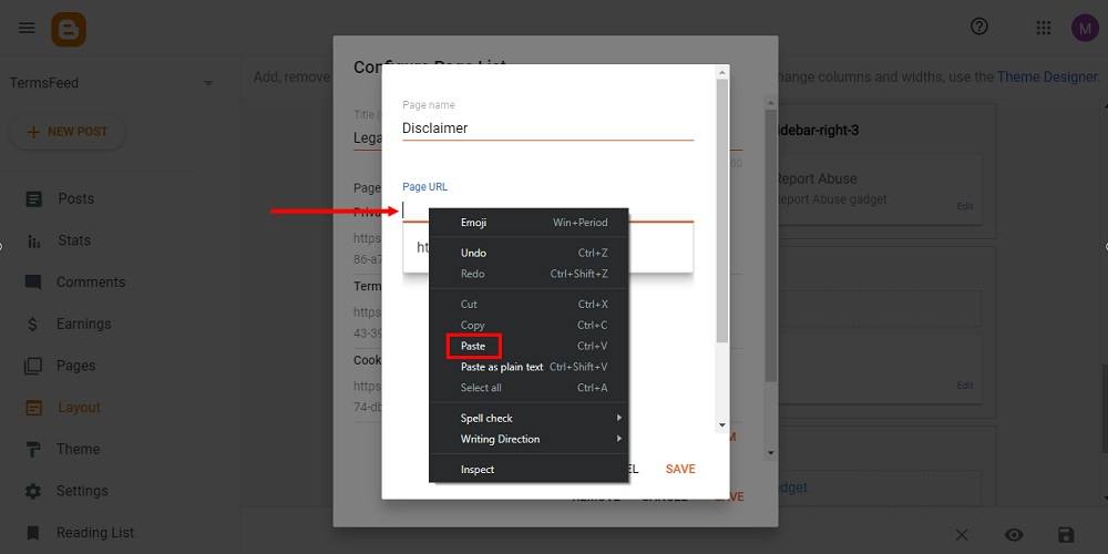TermsFeed Blogger: Layout - footer - Legal Pages Gadget - New Item - Disclaimer URL - Paste highlighted