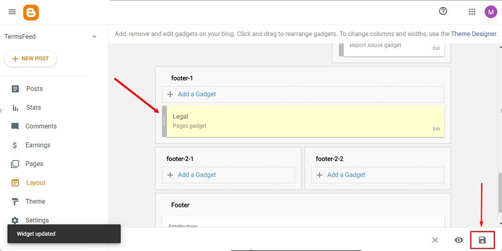 TermsFeed Blogger: Layout - footer - Pages gadget added - Save icon highlighted