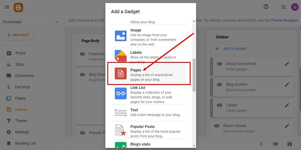 TermsFeed Blogger: Layout - Add a Gadget - Pages highlighted