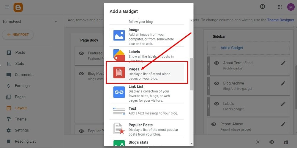 TermsFeed Blogger: Layout - Add a Gadget - Pages highlighted