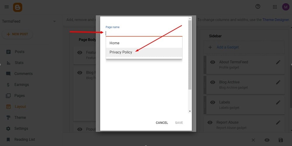 TermsFeed Blogger: Layout - Add a Gadget - Pages - Configure Page List - Page list  - Add a New Item - Privacy Policy page selected