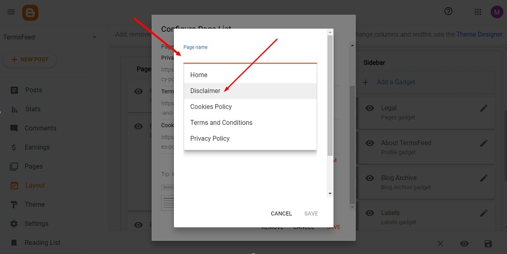 TermsFeed Blogger: Layout - The Legal Pages Gadget - Page list  - Add a New Item - Disclaimer page selected