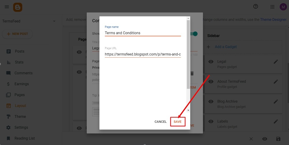 TermsFeed Blogger: Layout - The Legal Pages Gadget  - New Item Terms and Conditions page  - Save button