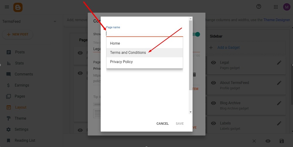 TermsFeed Blogger: Layout - The Legal Pages Gadget - Page list  - Add a New Item - Terms and Conditions page selected