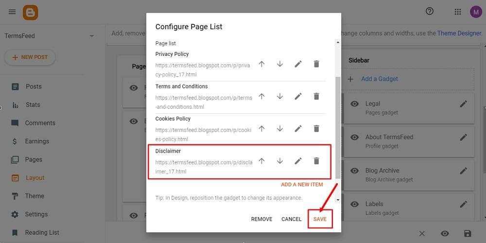 TermsFeed Blogger: Layout - The Legal Pages Gadget - Disclaimer page added - Save button