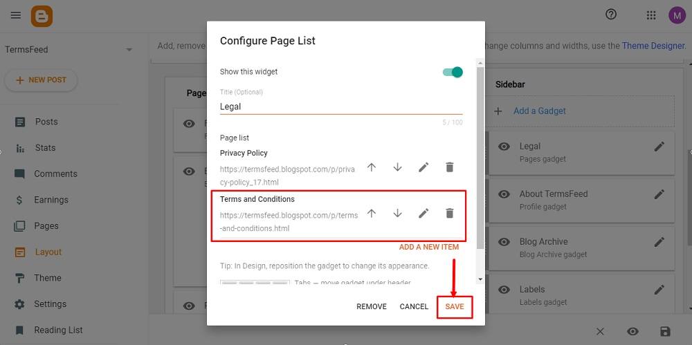 TermsFeed Blogger: Layout - The Legal Pages Gadget - Terms and Conditions page added - Save button