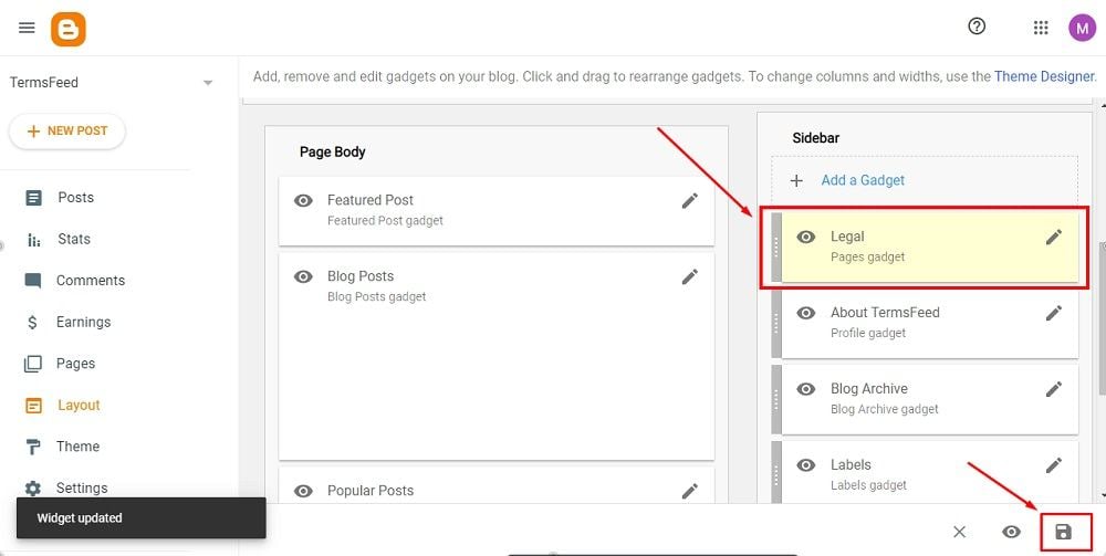 TermsFeed Blogger: Layout - legal Pages Gadget added - Save button highlighted