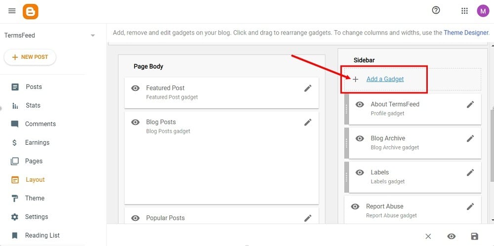 TermsFeed Blogger: Layout - Add a Gadget highlighted