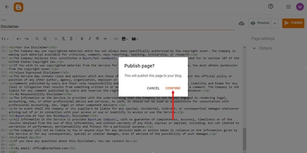 TermsFeed Blogger: Pages - Disclaimer - HTML added - Publish confirm