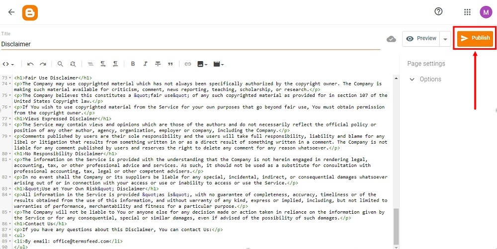 TermsFeed Blogger: Pages - Disclaimer - HTML added - Publish highlighted