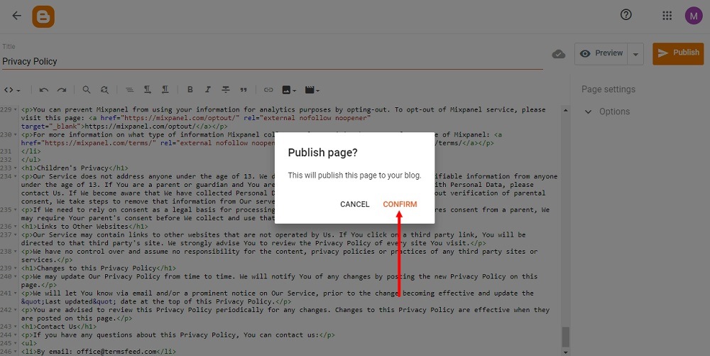 TermsFeed Blogger: Pages - Privacy Policy - HTML added - Publish confirm