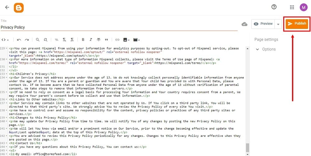 TermsFeed Blogger: Pages - Privacy Policy - HTML added - Publish highlighted