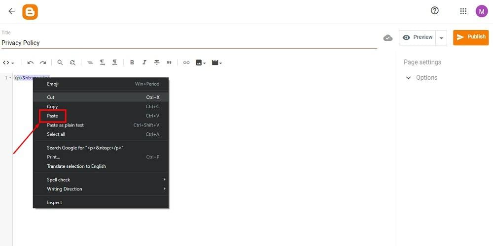 TermsFeed Blogger: Pages - Privacy Policy - the HTML view - Paste option