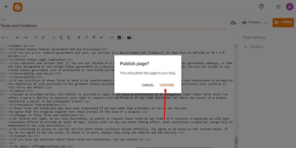TermsFeed Blogger: Pages - Terms and Conditions - HTML added - Publish confirm