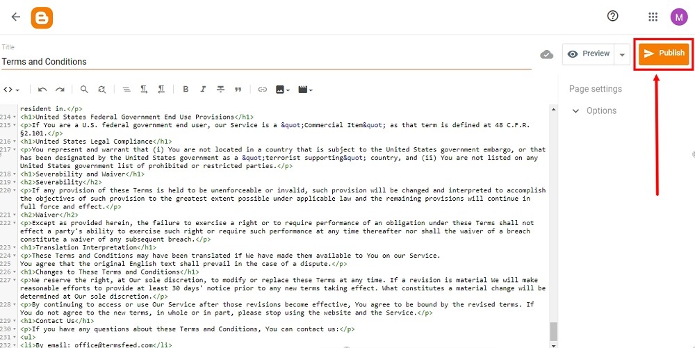 TermsFeed Blogger: Pages - Terms and Conditions - HTML added - Publish highlighted