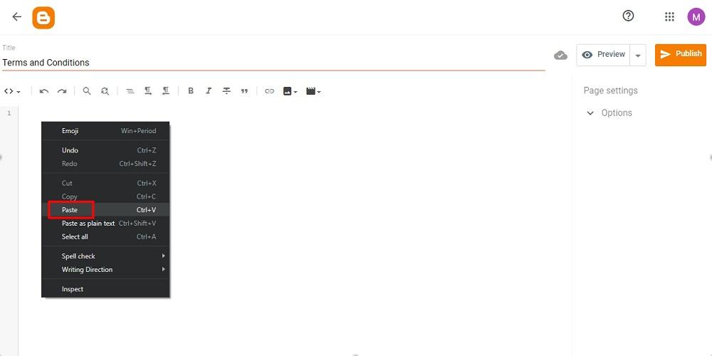TermsFeed Blogger: Pages - Terms and Conditions - the HTML view - Paste option