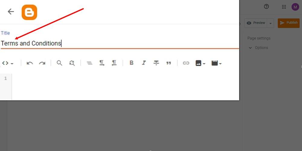 TermsFeed Blogger: Pages - New - add Terms and Conditions Title