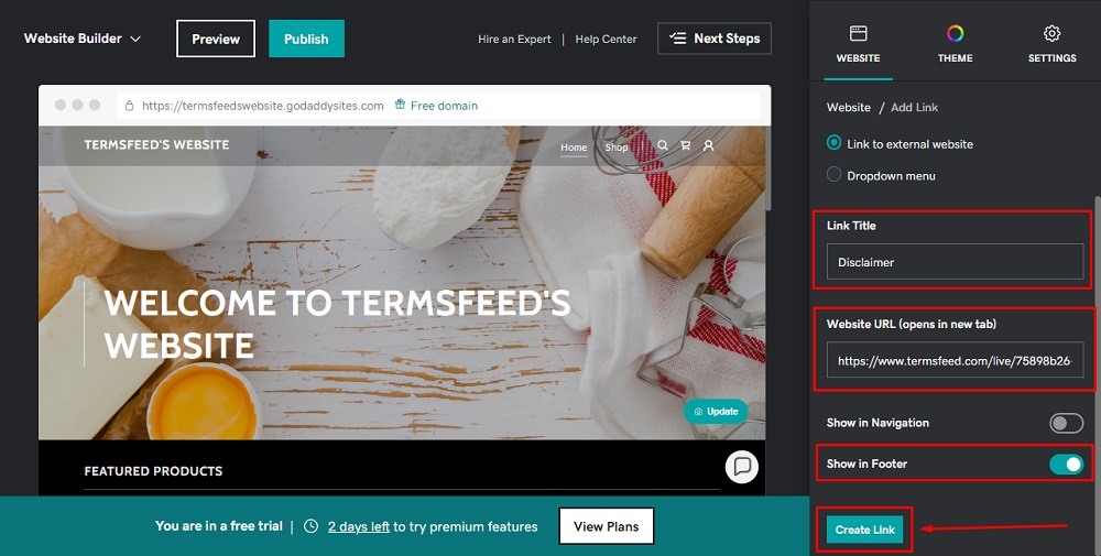 TermsFeed GoDaddy: Website Builder - Add Link options - Link Title and Website URL, Show in Footer and Create Link button highlighted