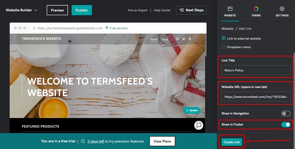 TermsFeed GoDaddy: Website Builder - Add Link options - Link Title and Website URL, Show in Footer and Create Link button highlighted