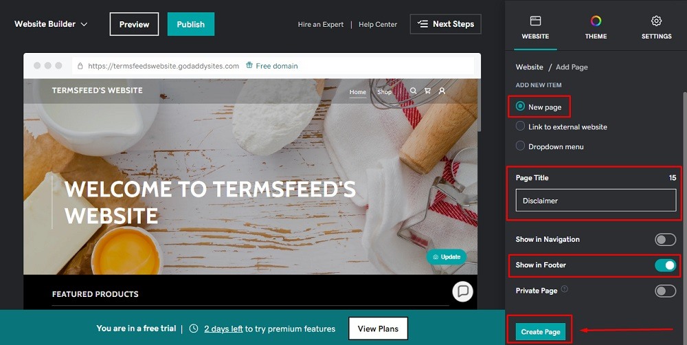 TermsFeed GoDaddy: Website Builder - Add new Item - New Page and options for adding Page Title, Show in Footer toggled and Create Page button highlighted