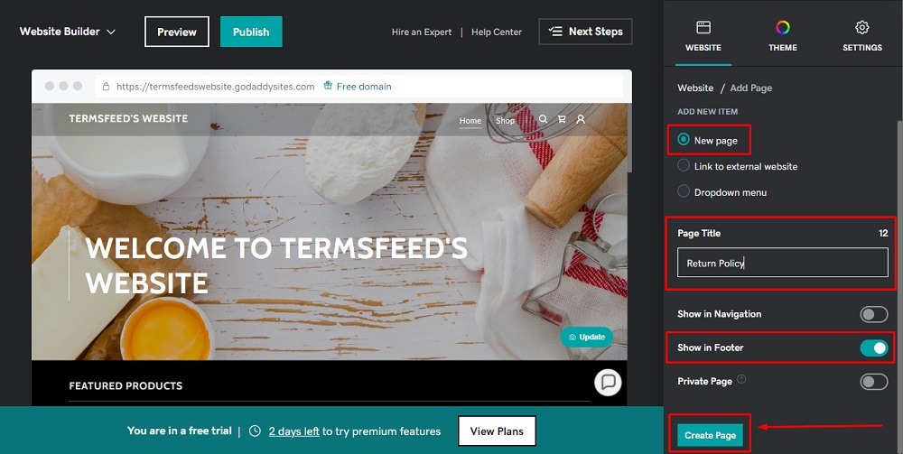 TermsFeed GoDaddy: Website Builder - Add new Item - New Page - Return Policy - and options for adding Page Title, Show in Footer toggled and Create Page button highlighted