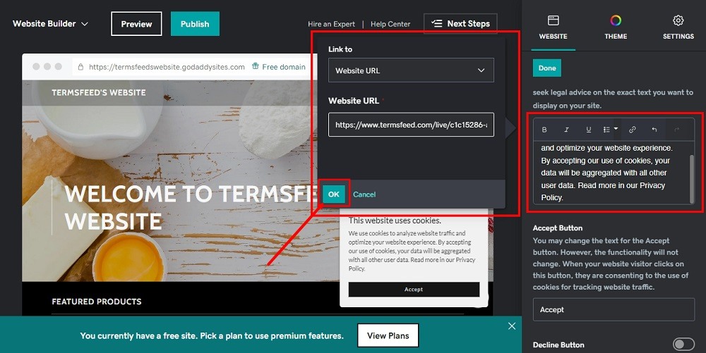 TermsFeed GoDaddy: Website Builder - Cookie Banner notification message edited and Privacy Policy URL added and OK button selected