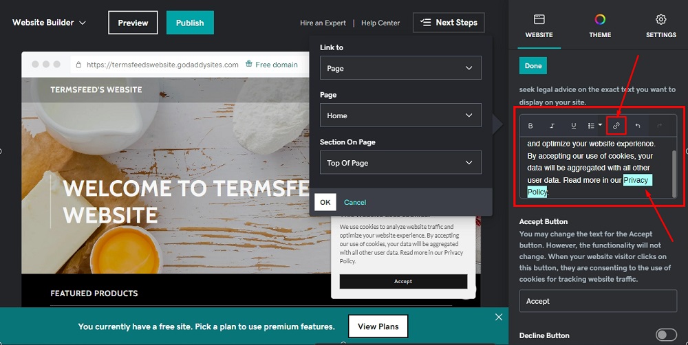 TermsFeed GoDaddy: Website Builder - Cookie Banner notification message edited and Privacy Policy and Link icon highlighted