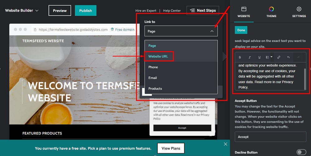 TermsFeed GoDaddy: Website Builder - Cookie Banner notification message edited and Privacy Policy and Link menu with Website URL option selected