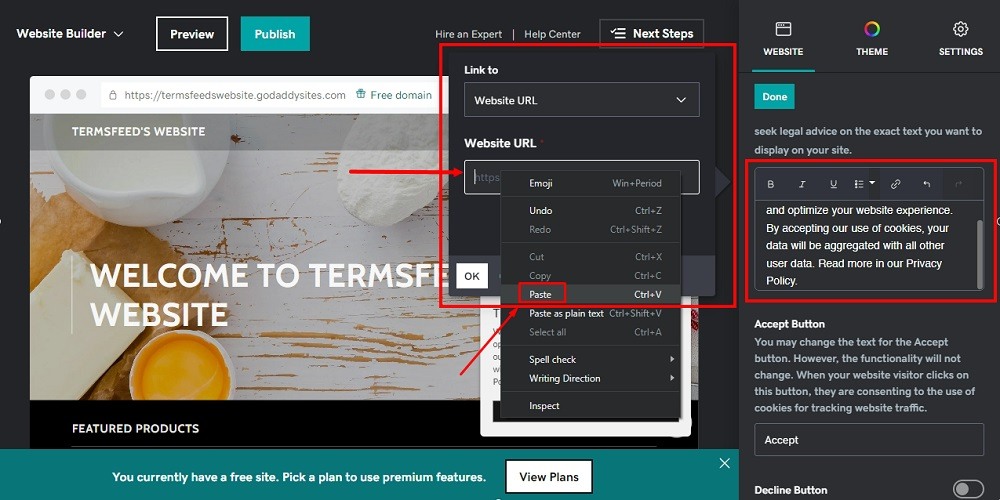 TermsFeed GoDaddy: Website Builder - Cookie Banner notification message edited and Privacy Policy and Link menu with Website URL and Paste option selected