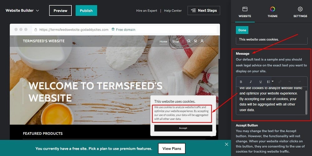 TermsFeed GoDaddy: Website Builder - Cookie Banner notification message field highlighted