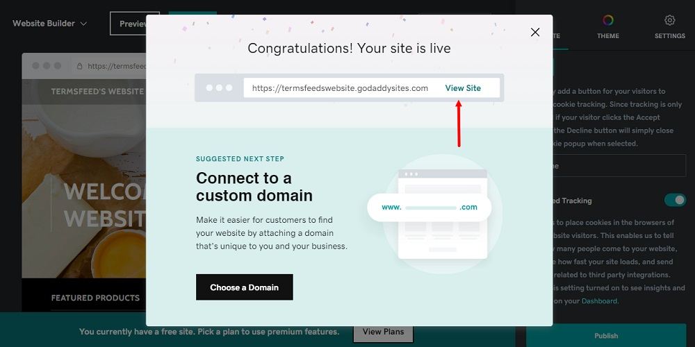 TermsFeed GoDaddy: Website Builder - Cookie Banner notification settings - Publish - View Site highlighted