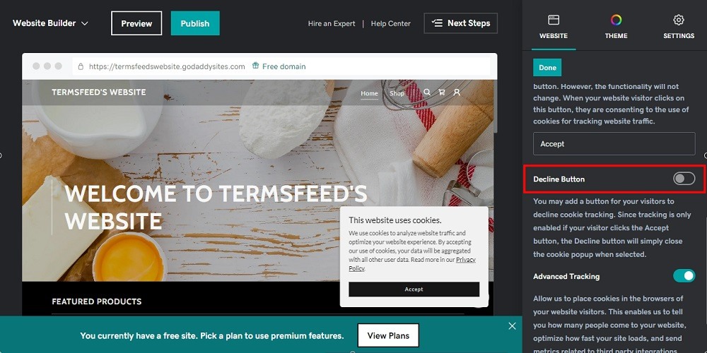 TermsFeed GoDaddy: Website Builder - Cookie Banner notification settings - Decline button highlighted