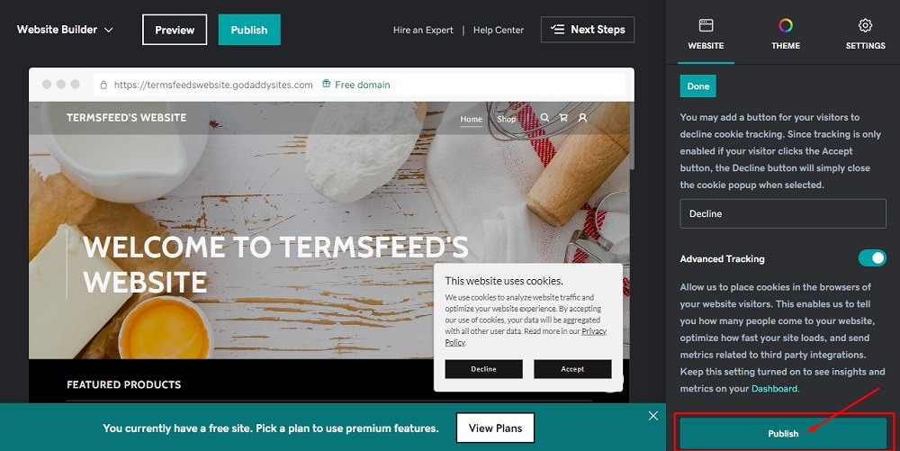 TermsFeed GoDaddy: Website Builder - Cookie Banner notification settings - Publish button highlighted