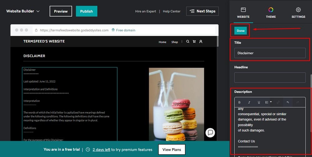 TermsFeed GoDaddy: Website Builder - Disclaimer page with added section edited and Done button highlighted