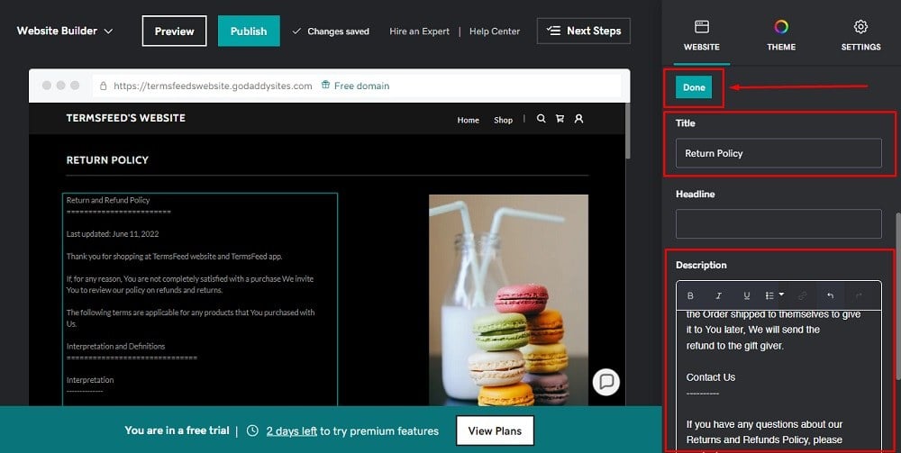 TermsFeed GoDaddy: Website Builder - Return and Refund Policy page with added section edited and Done button highlighted
