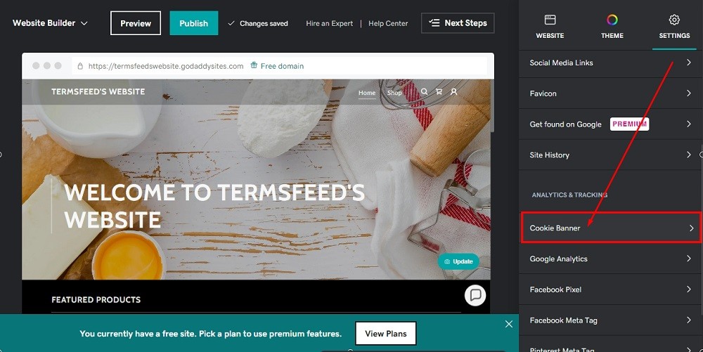 TermsFeed GoDaddy: Website Builder - Settings - Cookie Banner highlighted
