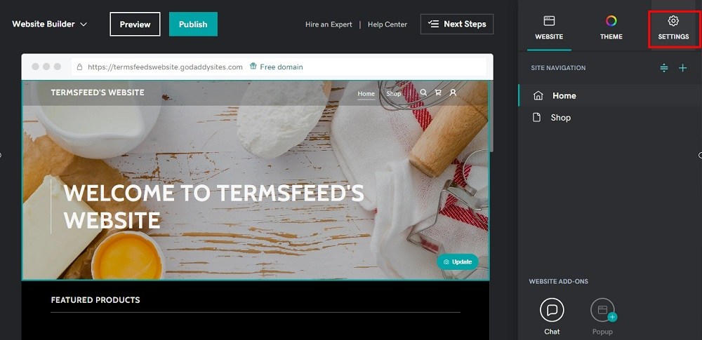 TermsFeed GoDaddy: Website Builder - Settings highlighted