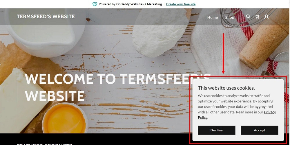 TermsFeed GoDaddy: Website - Cookie Banner notification displayed highlighted
