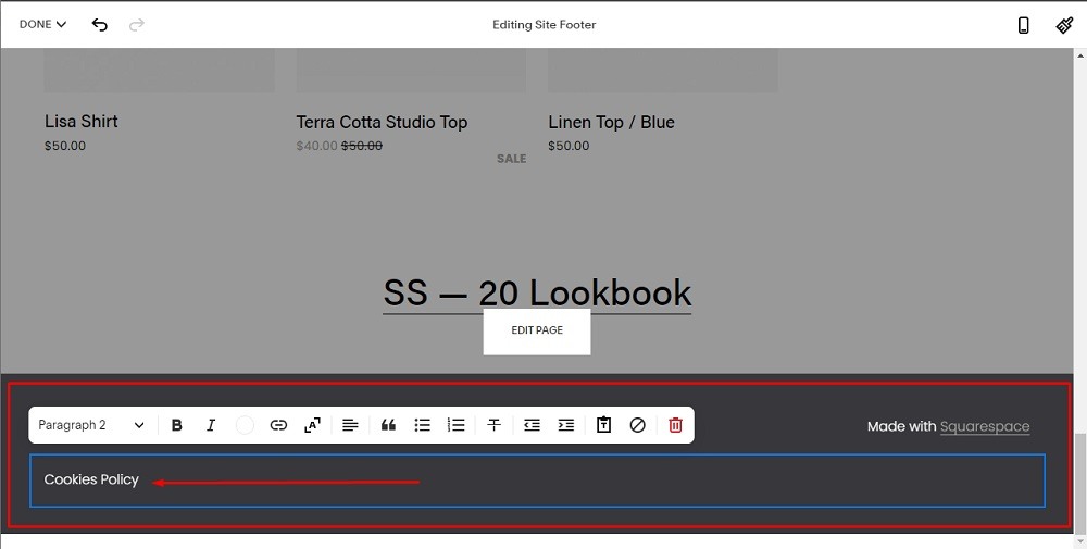 TermsFeed Squarespace: Website - Edit Site Footer with Add Cookies Policy Text highlighted
