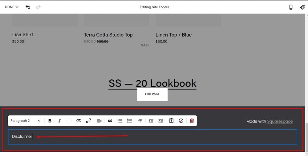 TermsFeed Squarespace: Website - Edit Site Footer with Add Disclaimer Text highlighted
