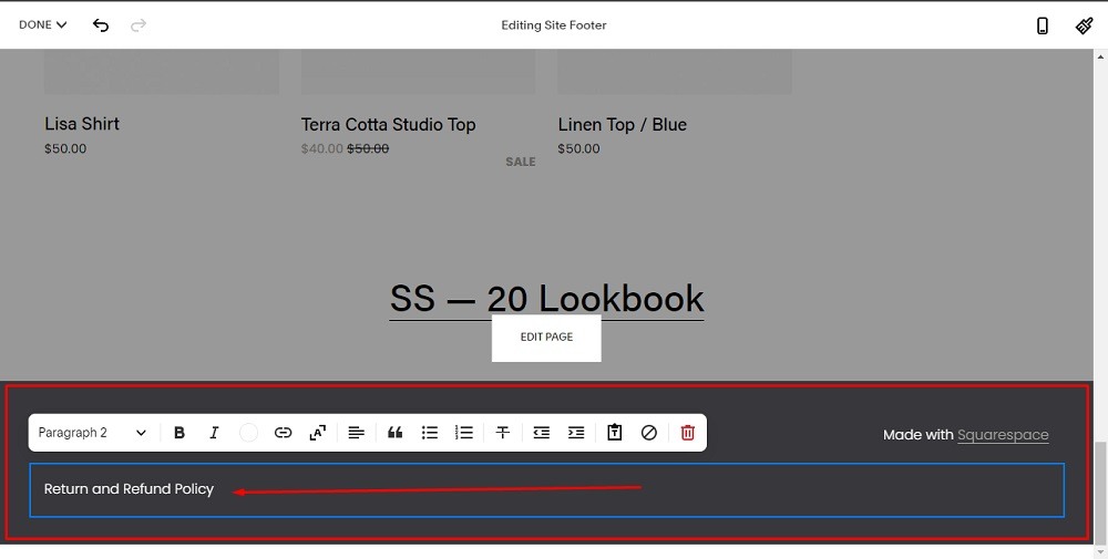 TermsFeed Squarespace: Website - Edit Site Footer with Add Return and Refund Policy Text highlighted