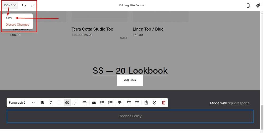 TermsFeed Squarespace: Website - Edit Site Footer - The Cookies Policy Link URL added and Done and Save option highlighted